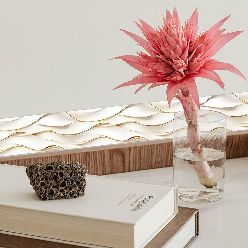 IVN Wallpaper Border Ivory Gold Folded Wave Paper Art Pattern Design 4x196 Inch Peel and Stick Wallpaper Border for Mirror Frame Bathroom Laundry Room Pool Area Living Room Wall Decor - Image 4